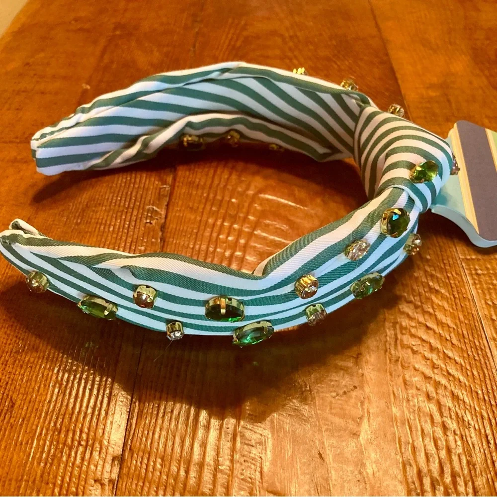 NEW Piper K Striped Knotted Headband with Goldtone, Green and Clear Rhinestones